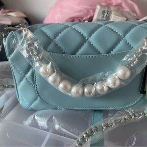 Badgley Mischka Chanel-style Quilted Blue Bag with pearl accents NWT